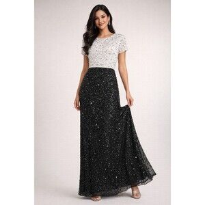 Adrianna Papell Sequin Colorblock Maxi Gown Women's Size 12 Black Ivory